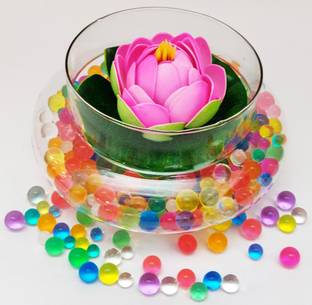 Decorzone Beautiful Round Clear Vase with Floating Pink Lotus Flower and Multicolour Silicon Jelly Beads Earthenware Vase