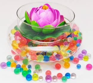 Decorzone Beautiful Round Clear Vase with Floating Purple Lotus Flower and Multicolour Silicon Jelly Beads Earthenware Vase