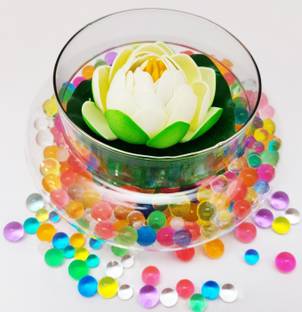 Decorzone Beautiful Round Clear Vase with White Faux Lotus Flower and Multicolour Silicon Jelly Beads Earthenware Vase