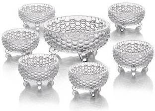 T R Creation Glass Serving Bowl Glass Bowl Set of 7 pcs with 1 Large Bowl & 6 Medium Bowls for Serving Snacks,Pudding,Dessert,Fruits and Other Kitchen Purpose Glass