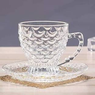 T R Creation Pack of 12 Glass Pack of 12 Glass Fancy Bubble Design Tea and Coffee Cup & Saucer Set of 12 (210 ml, 6-Cup Set & 6-Saucer Set) (Clear)