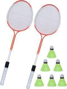 KNK Double Shaft Multicolor Set Of 2 Piece Badminton Racket With 6 Piece Plastic Shuttle Badminton Kit