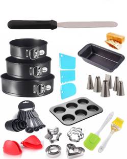 एच&एम स्टोर Baking Combo of 2Pcs Oven Gloves, 3Pcs Round Cake Tins-18cms, 20cms & 22cms, Steel Spatula 8 inch, 6 Slot Muffin Tray, 8pc Black Measuring Cups, Silicon Brush, Silicon Spatula, Bread Loaf, 12pc Cookie Cutter, 3pc Cake Scrapper, 1pc Icing Bag & 12pc Decorating Nozzles (pack of 49) केक टूल बहुरंगी रसोई उपकरण सेट