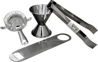 Dynore 4 pcs bar set - ice tong, peg measure, bottle opener, strainer 4 - Piece Bar Set