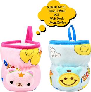 The Little Lookers Bottle Cover for Philips Avent/Broad Neck Soft Plush Stretchable Baby Feeding Bottle Cover with Strap for 125ml, 120 ml and 140 ml Feeders Pack of 2 (Pink & Blue - 125 ML)