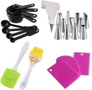 एच&एम स्टोर Bakeware Combo Set of 4 Cake Making Supplies Decoration Sculpting Tools & Accessories Set, 8pc Black Measuring Cup & Spoon, 1pc Silicon Spatula, 1pc Silicon Oil Brush, 3pc Scraper, 12pc Cake Nozzle and 1pc Icing Bag, Baking Tools, Kitchen Tool Set, Baking Combo, Cake Making Material. (Multicolor, pack of 26) किचन केक टूल रसोई उपकरण सेट