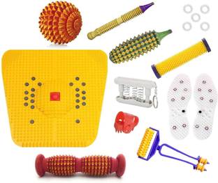 Acufit ACU201 Acupressure Massager Tools Combo Kit for Stress and Pain Relief with Foot Roller (Pyramidal cuts)(Wooden) + Bio - Magnetic Power Mat + Wooden Handle Roller + Thumb Pad + Pocket Exerciser + Shoe Sole + Energy Roller - Soft +Wooden Ball + Mini Roller With Finger Massager + Wooden Jimmy +5 Pc Massage Rings For Stress And Pain Relief Acupressure Tool Kit Massager