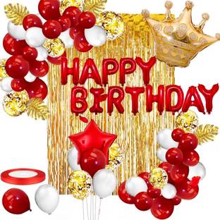 Anayatech Red And Golden Happy Birthday Decoration Kit Combo With Banner, Balloons, Foil Curtain, Crown Foil 50pcs