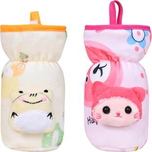 The Little Lookers Soft Plush Stretchable Baby Feeding Bottle Cover with Easy to Hold Strap | Suitable for 120ml | Cute Animated Overall Print Pack of 2 (Pink & Yellow, Narrow Neck 120ml/4OZ)