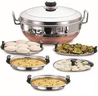 Jamuna All-in-One Stainless Steel Idli Cooker Multi Kadai Steamer with Copper Bottom, Big Size with 5Plates 2Idli; 2 Dhokla; 1 Patra Induction & Standard Idli Maker