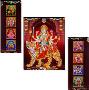 Indianara 3 PC SET OF MAA NAVDURGA MDF PAINTING (3453FLa) WITHOUT GLASS Digital Reprint 18 inch x 12 inch Painting