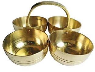 SHRI ANAND Pure Brass Chaumukhi Chopda for Mandir Pooja Kumkum Chawal Sindoor Mishri Holder Four Bowl Attach Chomukhi Katori Color GOLD Brass