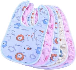 Kidsify Baby Button Bibs Apron for Feeding and Drooling Cute Animated Print with Tich Button Double Layered Waterproof (Pack of 5)