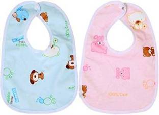 Kidsify Baby Button Bibs Apron for Feeding and Drooling Cute Animated Print with Tich Button Double Layered Waterproof (Pack of 2)