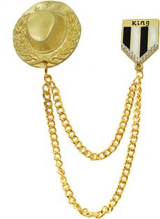 Sullery Mens Suit Rhinestone Crystal Gold Tone Kings Cap Label Pin With Hanging Chain Brooch