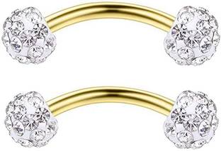GadgetsDen 16G Crystal Ferido Ball Curved Barbell Eyebrow Ear Ring Body Gold Color Piercing Jewelry - 2Pcs Crystal Metal Stud Earring