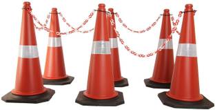 Ladwa Road Traffic Cone, Pack of 6 cones 750mm, with 6 mtr chain + 6 hooks, (Safety Cone, Traffic Safety Cone, Road Safety Cone with Reflective Strips Collar) Emergency Sign