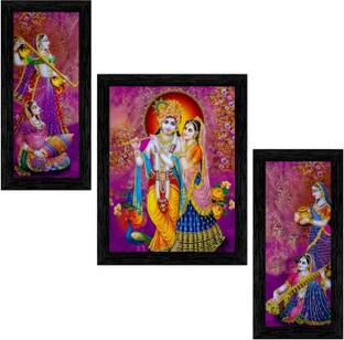 Indianara Set of 3 "Radha Krishna" Framed Painting (3456BK) without glass 6 X 13, 10.2 X 13, 6 X 13 INCH Digital Reprint 13 inch x 10.2 inch Painting