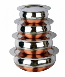 RBGIIT Premium Quality Mirror Finish Stainless Steel Deep Vessel /Handi / Cooking Pot For Kitchen. Export Quality Stainless Steel Making The Utensil Highly Durable, Long Lasting & Rust Free. Stainless Steel Copper Bottom Cookware Handi, Cooking Bowl, Serving Biryani Punjabi Pot Pan Combo Handi/Urli Set Biryani Handi Set with Handle and Lid Unique. Handi Set Stainless Steel and Copper Bottom Kitchen Serving and Cooking Bowl Ideal for cooking and serving biryani, rice, gravies and vegetables Stainless Steel Copper Bottom Handi/Pot/Patila Biryani Punjabi Handi Set with Lid Copper Base Stainless Steel Gas Compatible Handi Set with Lid serving Handi/tableware/storage containers/bakeware/ dinner set/ kitchen set steel item for home appliances and kitchen serving cooking combo set with lid/cover/dhakkan/ storage container copper handi /URLI set fruit and salad bowl Cookware set_A5 Handi 1.2 L, 0.85 L, 0.65 L, 0.4 L with Lid