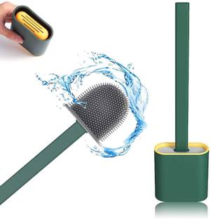 Leplion Silicon Toilet Brush with Slim Holder Flex Toilet Brush Anti-drip Set Toilet Bowl Cleaner Brush, No-Slip Long Handle Soft Silicone Bristle Clean Toilet Corner Easily, Wall Mounting with Holder