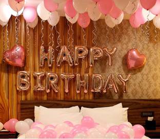 Bash N Splash Solid Rose gold Happy Birthday Party Decoration Pack with hearts (Pack of 56) Balloon
