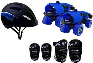 Jaspo Tenacity Blue Intact Adjustable Senior Roller Skates Combo Suitable for Age Group 6 to 14 Years (Skates+ Helmet + Knee Guard+ Elbow Guard + Bag+Key) Skating Kit
