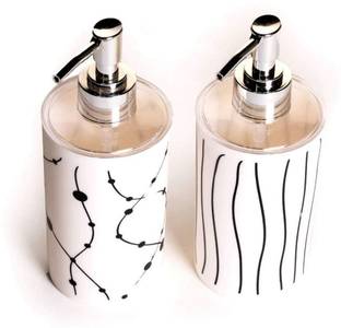 Zeom ®Liquid Soap Shampoo Lotion Shower Gel Conditioner Dispenser Bottle with Hand Press Chrome Finish Pump Combo Set of 2 Piece White - (Design & Print May Vary) 350 ml Liquid, Lotion, Shampoo, Conditioner Dispenser