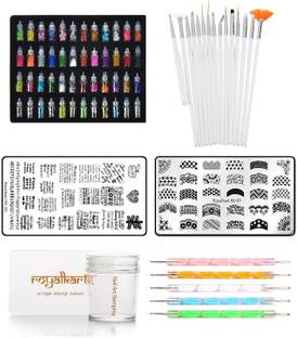 Royalkart Super Value Combo Kit Of Nail Art Tools – 3D Nail Art Stamping Image Plates, Silicone Stamper & Scraper, Nail Art Brush Set, 5 pcs Double-Sided Dotting Tool