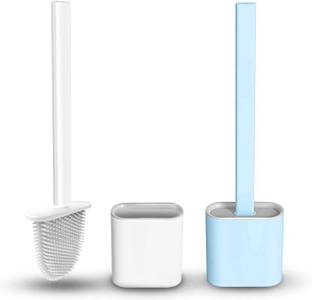OXPER Silicon Toilet Brush with Slim Holder Flex Toilet Brush Anti-drip Set Toilet Bowl Cleaner Brush, No-Slip Long Handle Soft Silicone Bristle Clean Toilet Corner Easily, Wall Mounting with Holder (White, Sky Blue) with Holder