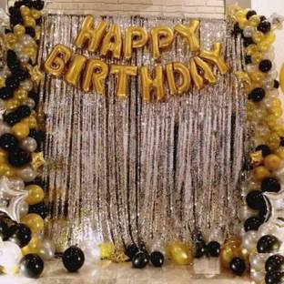 Saikara Collection  "Happy Birthday" Letter Foil Balloon Set, 13 Letters (Gold) for Birthday Party Decoration with Metallic Gold , Silver & Black Balloons / Curtains - Pack of 45 pcs