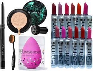 Crynn Smudge Proof Waterproof Long Lasting Kajal & Sunia Rosedale Korean Mushroom Air Cushion CC Cream Foundation & Powdered Blender Sponge Puff & Oval Foundation Makeup Brush & ADS 12 Balm Moisturising Matte Lipstick