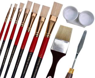 KAMAL Artist Quality Oil Painting Tool Kit with Flat and Wash Hog Hair Brushes, Painting Knife and Double Dipper for Oil, Acrylic, Poster, Fabric, Encaustic Painting