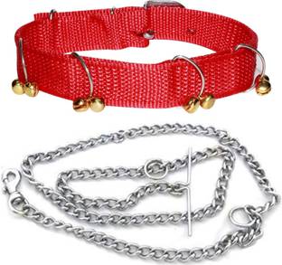 ADIOS Good Quality Dog Belt Combo of Red Ghungroo Collar with Dog Chain 1.5m Lengthy Dog Collar & Chain