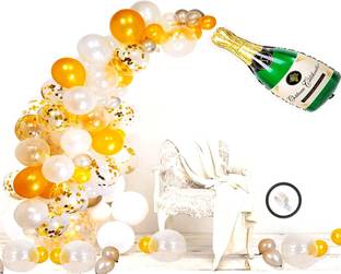 SV Traders Printed Wedding, Birthday, Celebration & Party Decoration Combo Kit Of 76 Pcs--Foil Champagne Bottle 40 Inches(1)+Golden Confetti Balloons(5)+Metallic HD Balloons Golden(30)+Silver(20)+White(20)+Balloon Glue Dots 100(1) Balloon