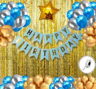 Agk Printed Amar Happy Birthday Printed Blue Banner 13 Letter Combo of 45 Pcs| 2 Pcs Gold Fringe Shiny Curtains | 30 Pcs Blue, Gold and Silver Balloons |1 Pcs Gold Star | 1 Pcs Strong Glue Dots Roll (Combo Of 45 Pcs Birthday Decoration Kit) Balloon