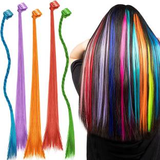 WIGGIES Multi Coloured  Extension 6 Pieces With tiny coloured clutcher Strands Strips For Highlighting  Strips Party Wear Braided Clip-on For Women Girls Kids Colour Fully Pony Extension (Pack of 6) Hair Extension