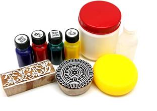 PRANSUNITA Complete Block & Screen Printing Kit, Includes Pigment Acryamine dye- 4 No’s, Binder 250 ml, Acrafixer, Blocks – 2 no’s & Round Foam