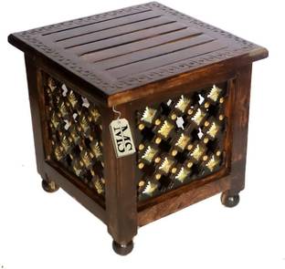 manzees Beautiful Antique Wooden Stool with Brass Cutting Design Storage Stool for Living Room, Office and Bedroom Furniture (Brown, 12 X 12 X 12 Inches) Solid Wood Corner Table