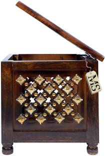 manzees Beautiful Antique Wooden Stool with Brass Cutting Design Storage Stool for Living Room and Bedroom Furniture (Brown, 12 X 12 X 12 Inches) Solid Wood Corner Table
