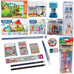 DOMS Drawing Book + BI Colour pencil (6pencil) + Oil Pastel (12shades) + Water Coloour Cake (12shades) + Wax Crayon (12shades) + Water Colour Pen (12shades) + Glitter (6shades) + Pencil + Eraser-Sharpner + Wax Crayons (6shades) + Half Size Colour Pencil (6shades) + Water Colour Pen (6shades) + Scale (15cm) + Neon Eraser + Extra long pencil sharpener + Fusion Pencil (2pencil) + Mechanical Pencil