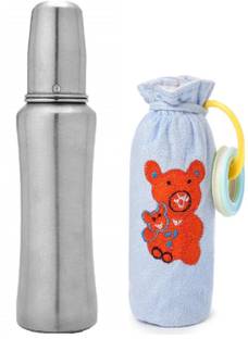 KRISHVIA Stainless Steel Baby Feeding Bottle for Milk Easy to Hold Design 304 Food Grade 0% Plastic High Grade Silicon Nipple and Free Bottle Cover - 240 ml
