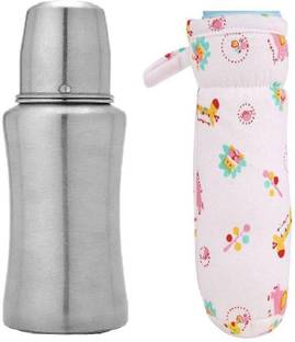 KRISHVIA Stainless Steel Baby Feeding Bottle for Milk Easy to Hold Design 304 Food Grade 0% Plastic High Grade Silicon Nipple and Free Bottle Cover - 240 ml