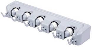 ANADI Mop Holder and Broom Holder, 5 Slot Position with 6 Hooks Garage Storage Holder Up to 11 Tools Wall Mounted Hook 5