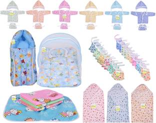 Kwitchy New Born Baby Mosquito Net Bed with Cushioned Pillow and 6 Baby Front Open Hosiery Cotton Shirts,6 Baby Tying Caps,6 Baby Single Layer Nappies