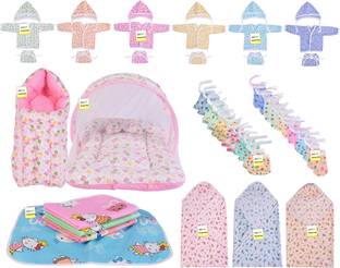 Kwitchy New Born Baby Mosquito Net Bed with Cushioned Pillow and 6 Baby Front Open Hosiery Cotton Shirts,6 Baby Tying Caps,6 Baby Single Layer Nappies
