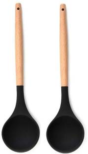 Woodtula Silicone Soup Ladle Spatula with Wooden Handle,Black Pack of 2 Wooden Spatula