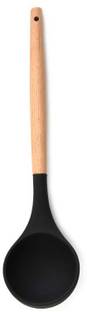 Flipkart SmartBuy Silicone Soup Ladle - with Wooden Handle, Black Non-Stick Spatula