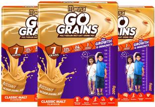 Manna Go Grains 600g (200g x 3 Packs) | Multigrain Instant Drink Mix for Kids Growth & Immunity - 7 Grains & 7 Immunity Builders (Classic Malt)