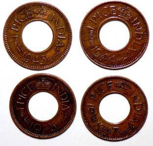 Hariom 1943-44-45-47 - VICTORIA BRITISH INDIA FOUR HOLE COINS COPPER COIN WT- 2.80 GRAMS EACH Medieval Coin Collection