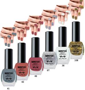 Banetion Hi-gloss Exclusive Trendy colors Nail polish For Girls & Women(6 piece)) Shadow grey,Tiger stripe,silver,Fashion red,snow white,golden sparkle